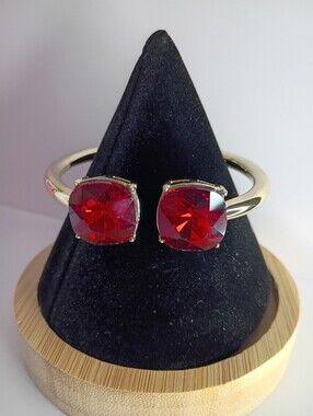Gold Cuff Bracelet with Red Cushion-Cut Stones